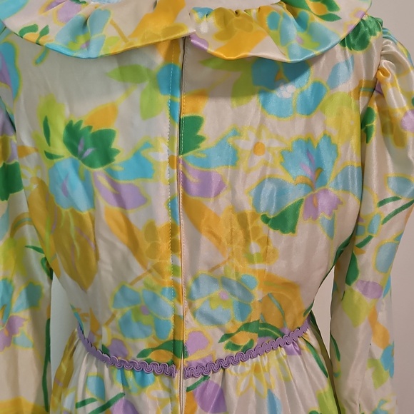 70s Floral Ruffle V-Neck Long Sleeve Maxi Dress - Green & Yellow M? - Picture 4 of 6